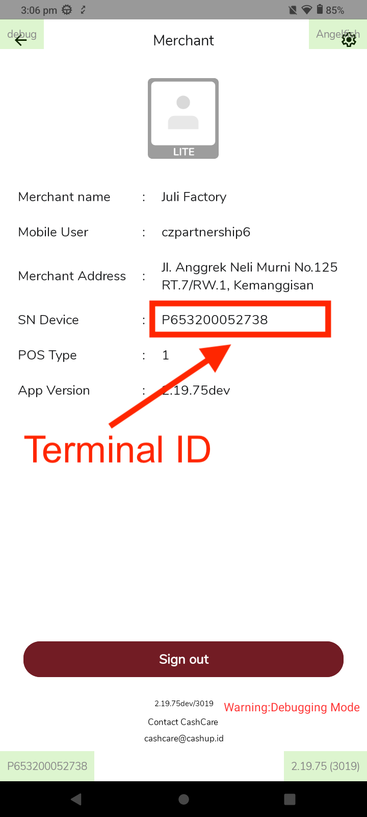 Cashup terminal showing Terminal ID in User Account tab