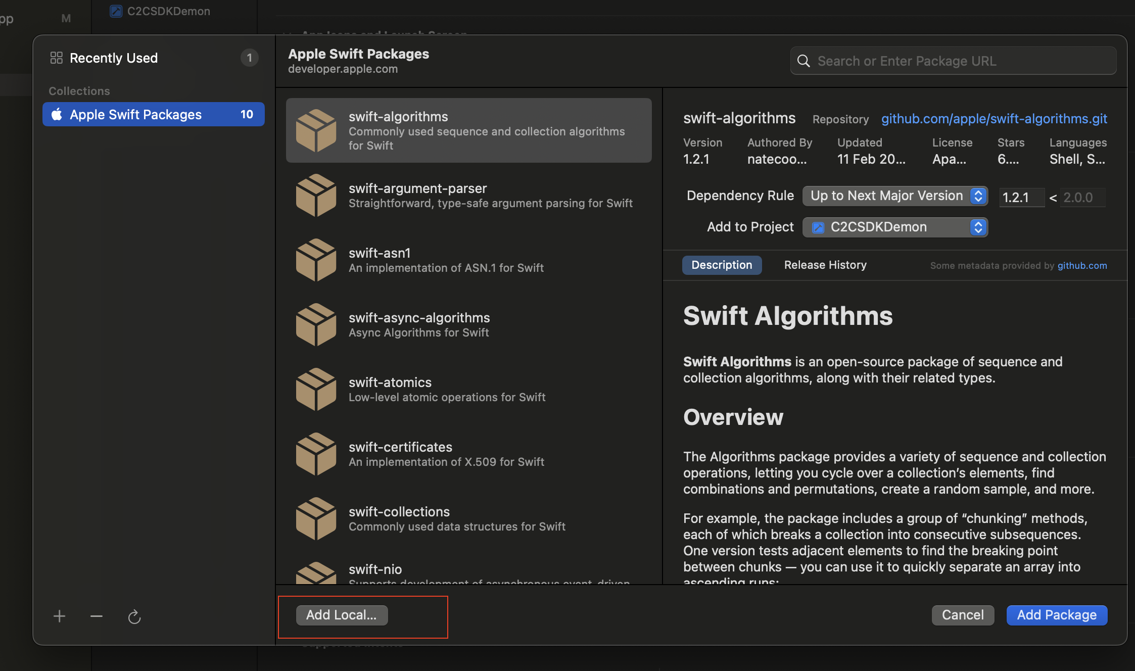 Choosing Add Local during the package dependency flow