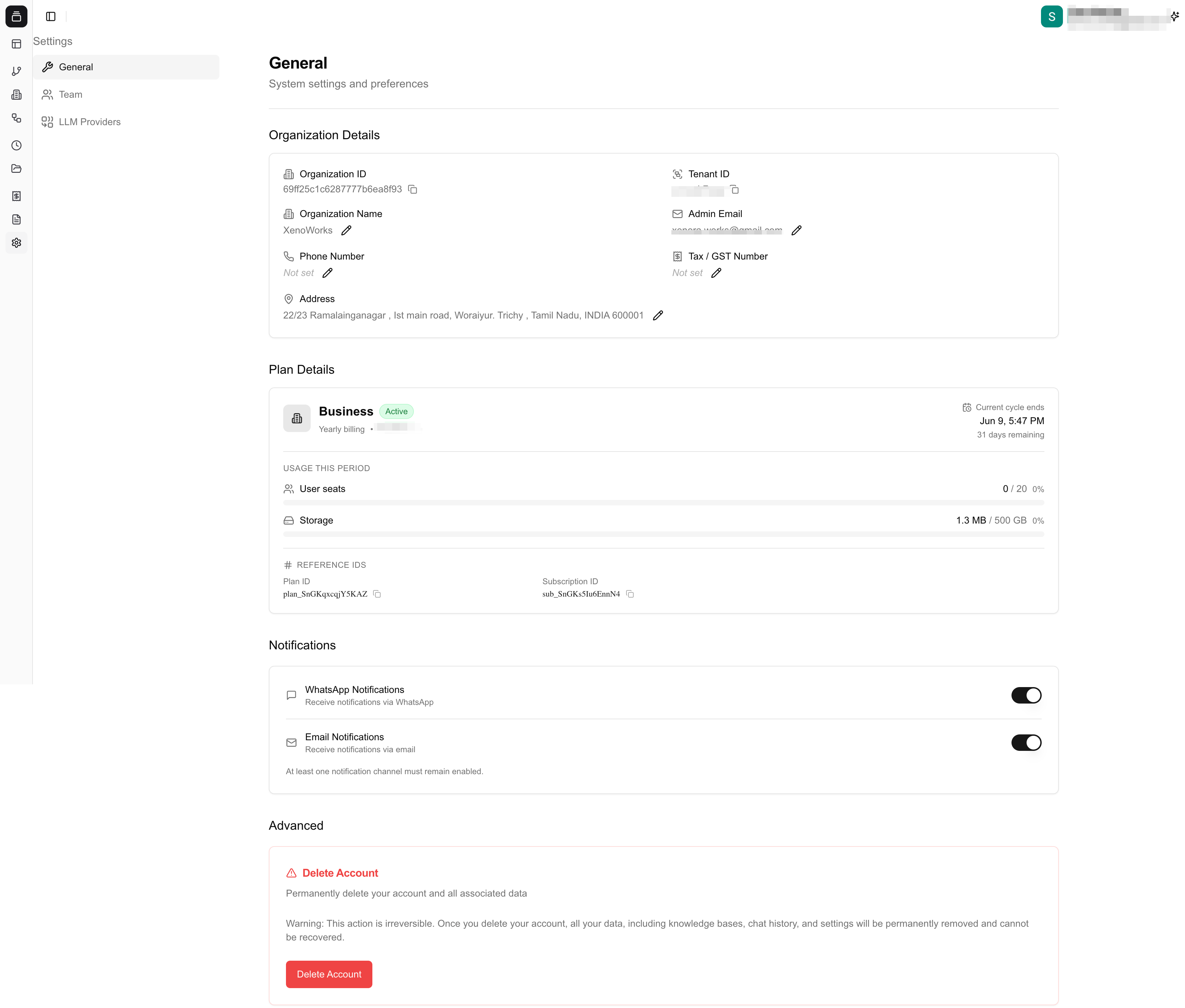 Organization settings page