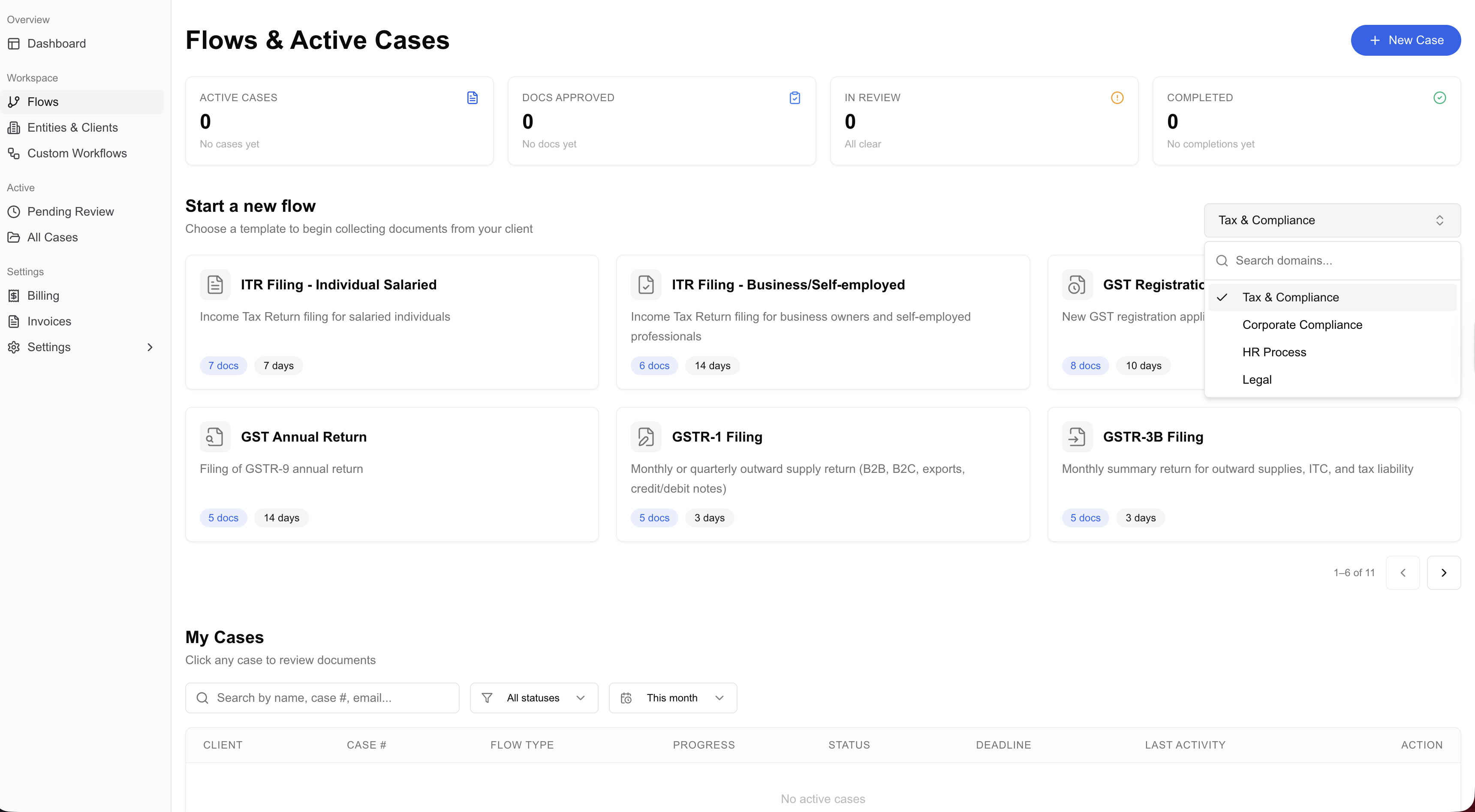 Flows page with domain dropdown