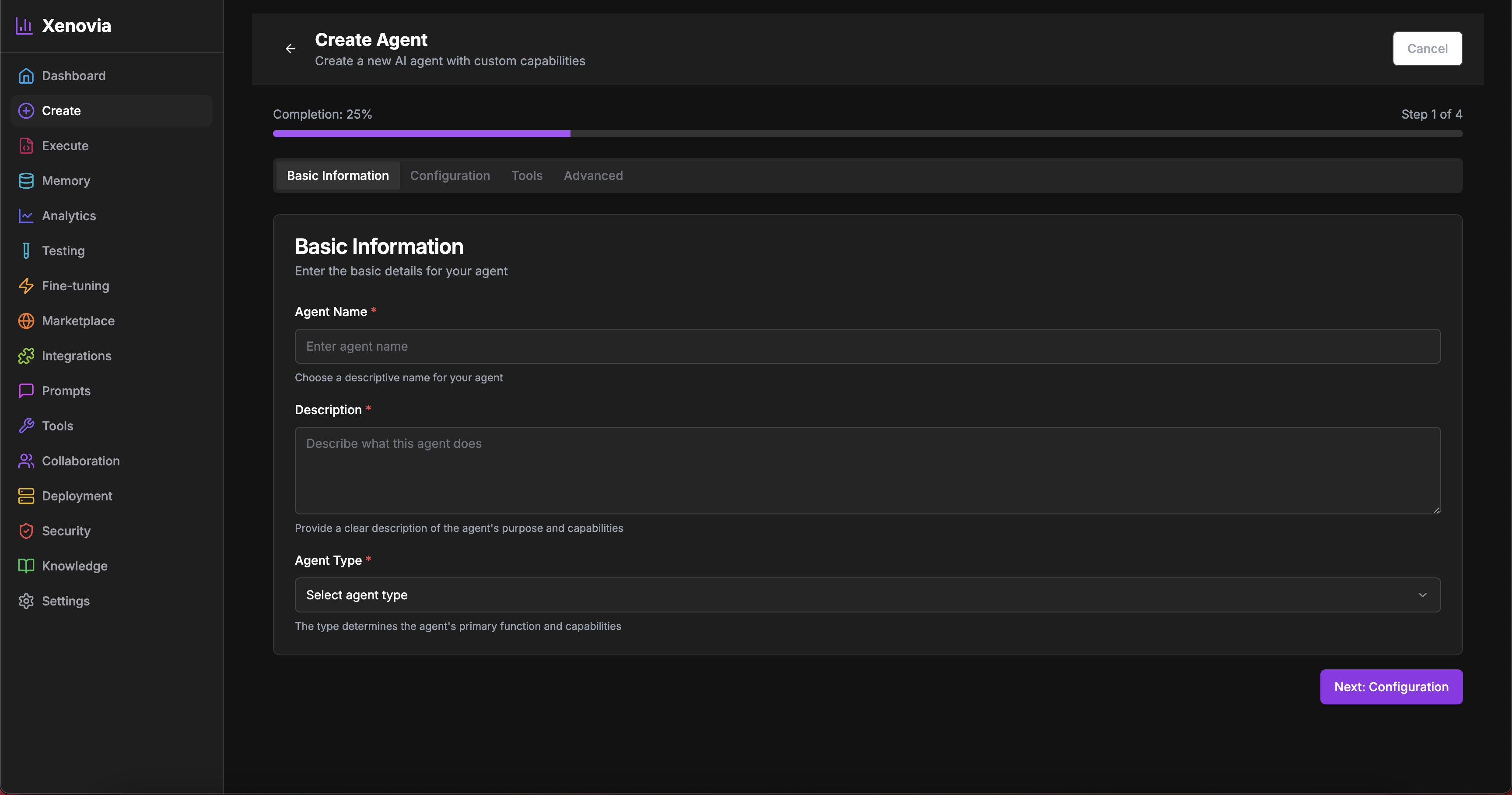 Xenovia Agent Creation Interface
