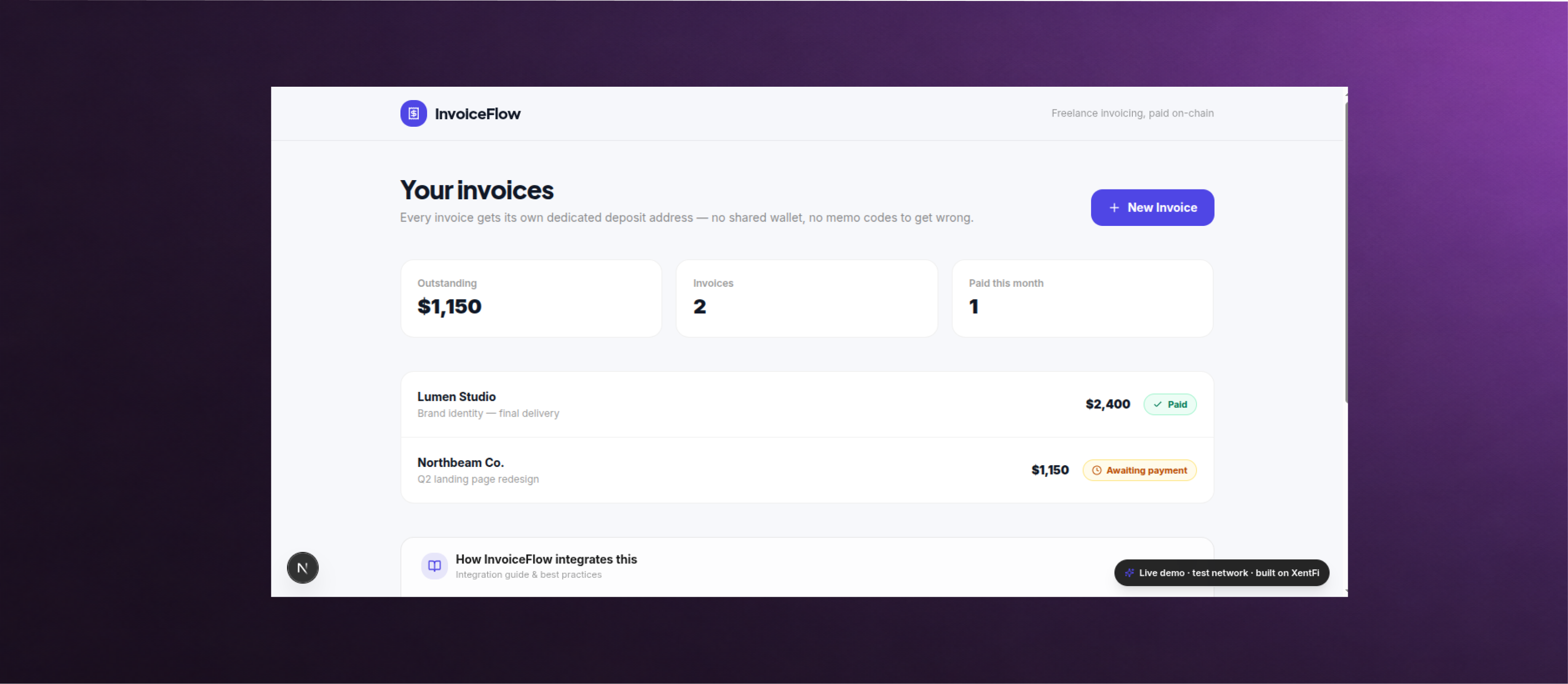 InvoiceFlow demo: a list of client invoices, each with its own dedicated USDC deposit address and payment status