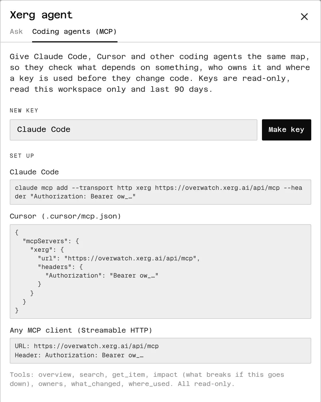 The Coding agents tab: make a key, then copy the setup for Claude Code, Cursor or any MCP client
