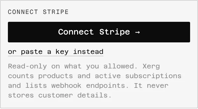 Connect Stripe in its details: sign in with Stripe, or paste a key instead