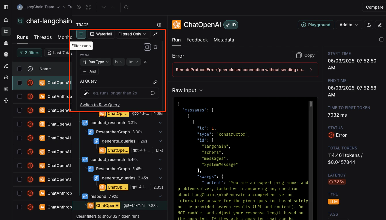 Filtering within trace view
