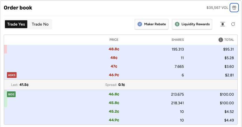 XO order book with liquidity-reward eligible bid and ask levels highlighted