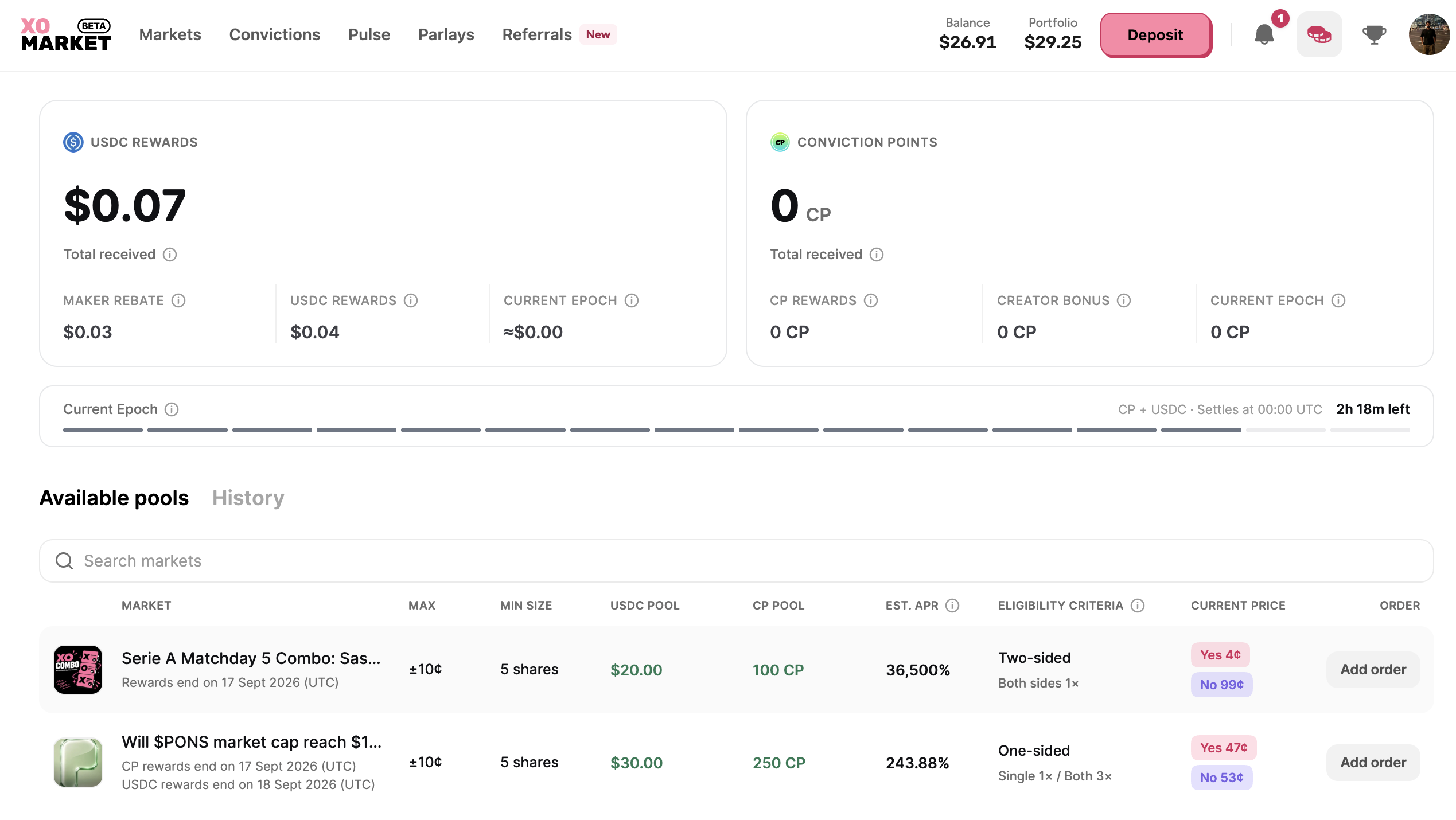 XO Rewards dashboard showing the Maker Rebate total