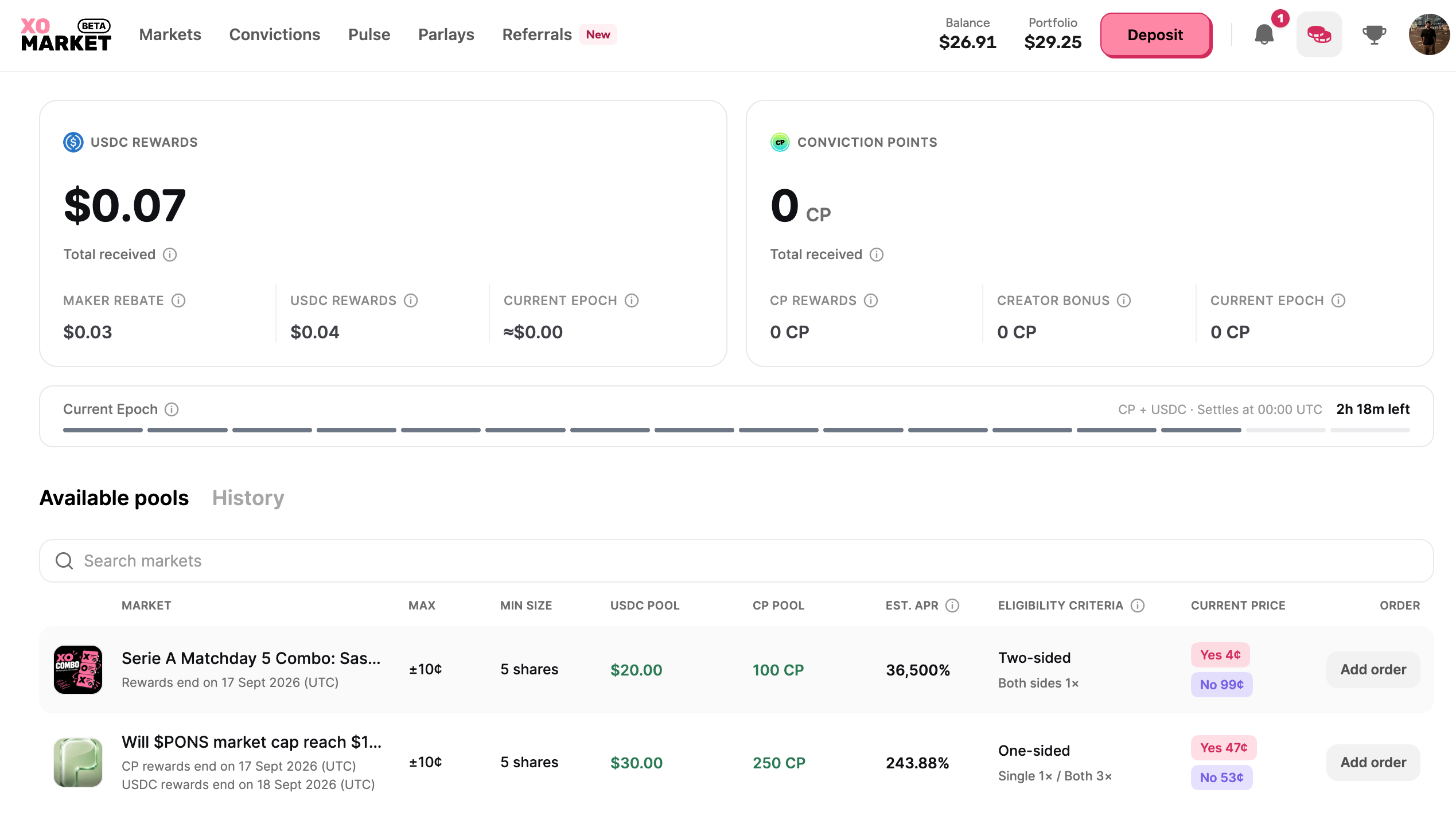 XO Rewards dashboard showing the Maker Rebate total