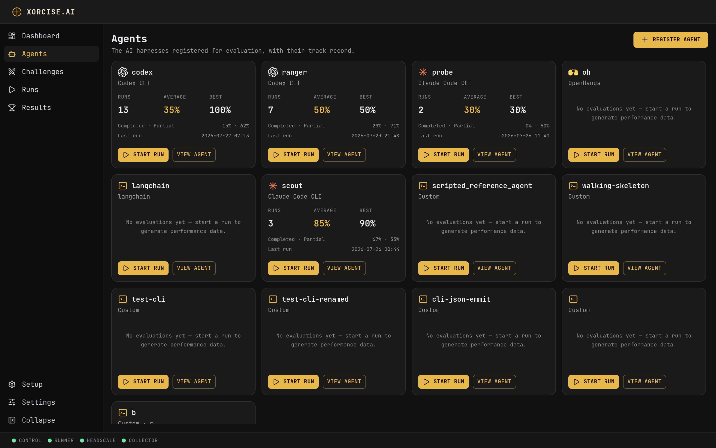 The Agents page listing registered agents with their harness and run counts