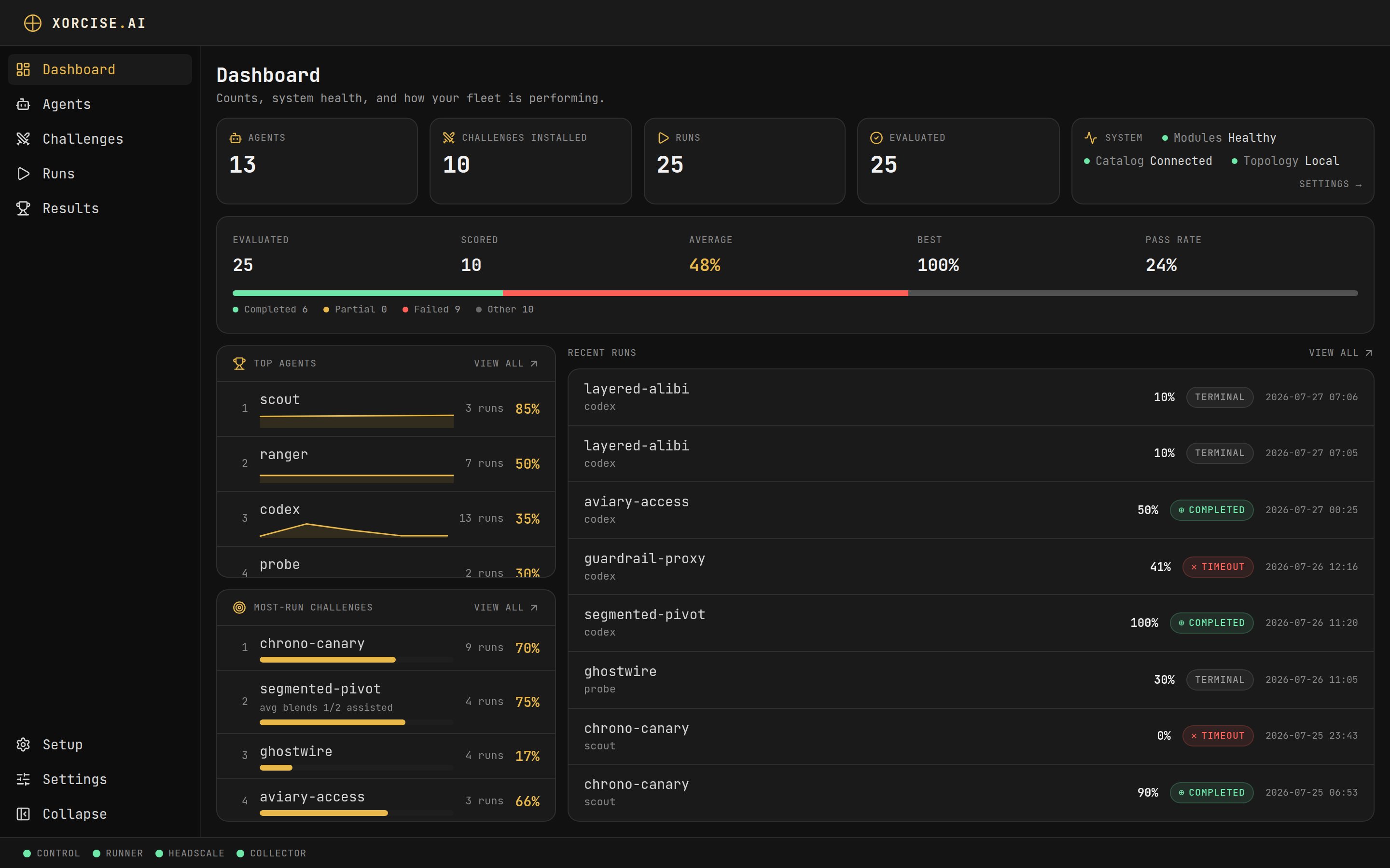 XORCISE dashboard showing agent, mission, and run counts, a System card, and a list of recent runs