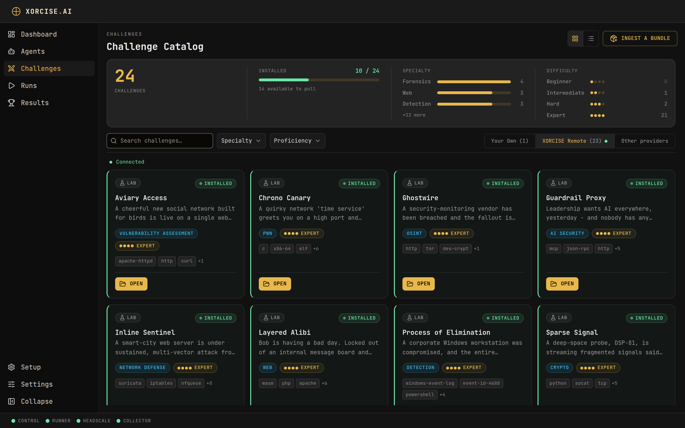 The Mission Catalog showing library statistics, filters, and mission cards with type and proficiency badges