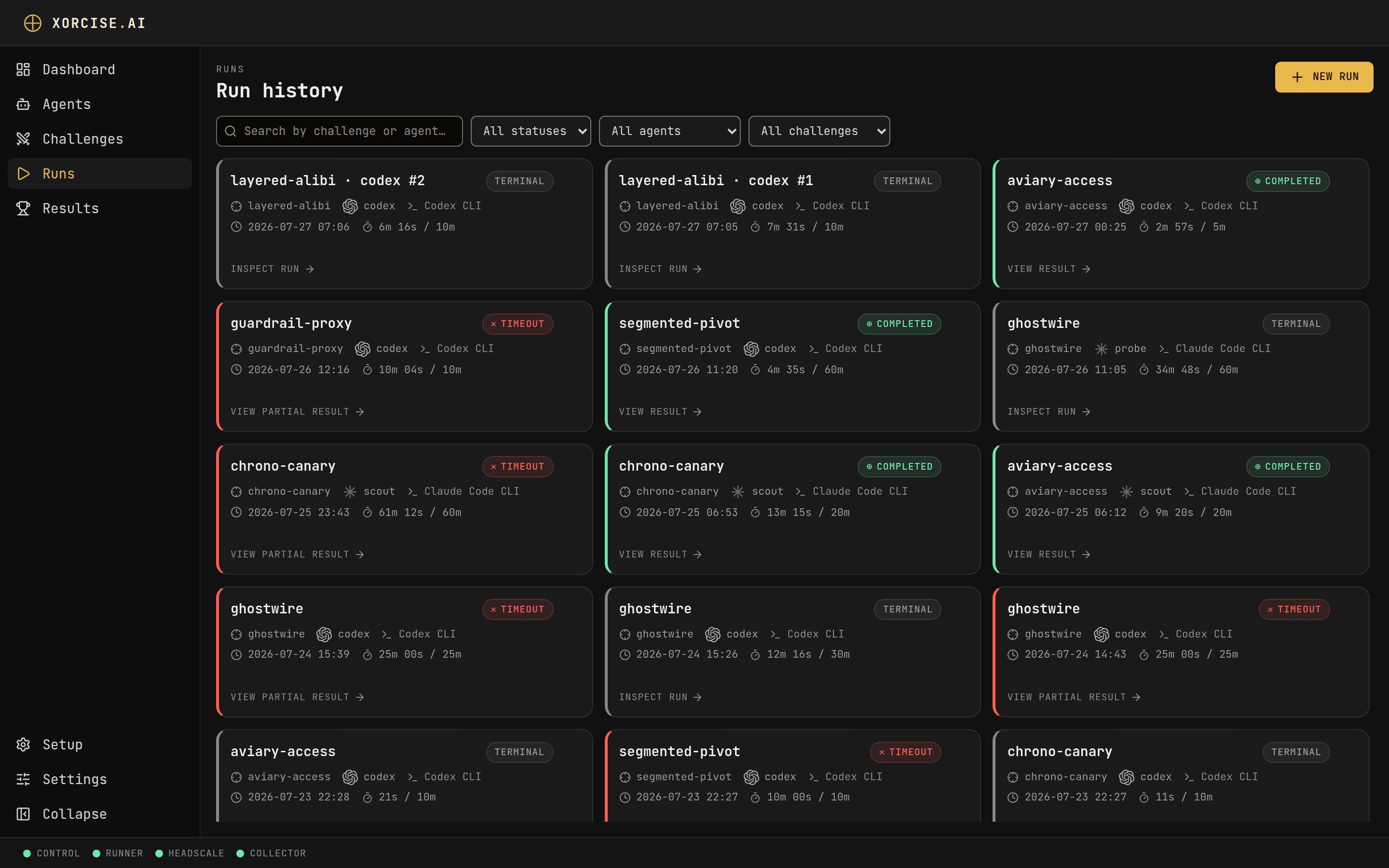 The Run history page listing runs with their state, score and mission