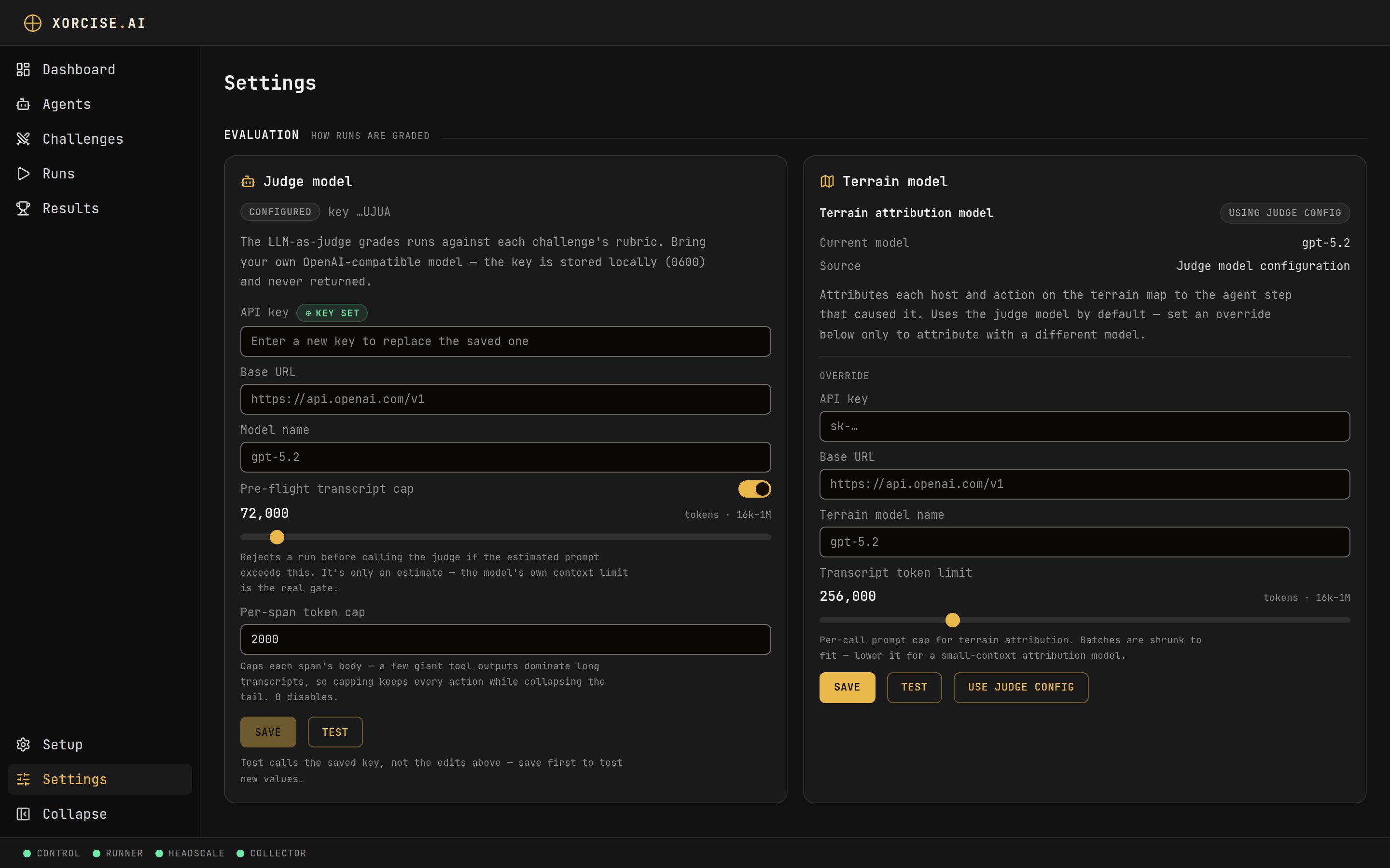 The Settings page showing the Evaluation, Mission Library and Runtime, and Diagnostics groups