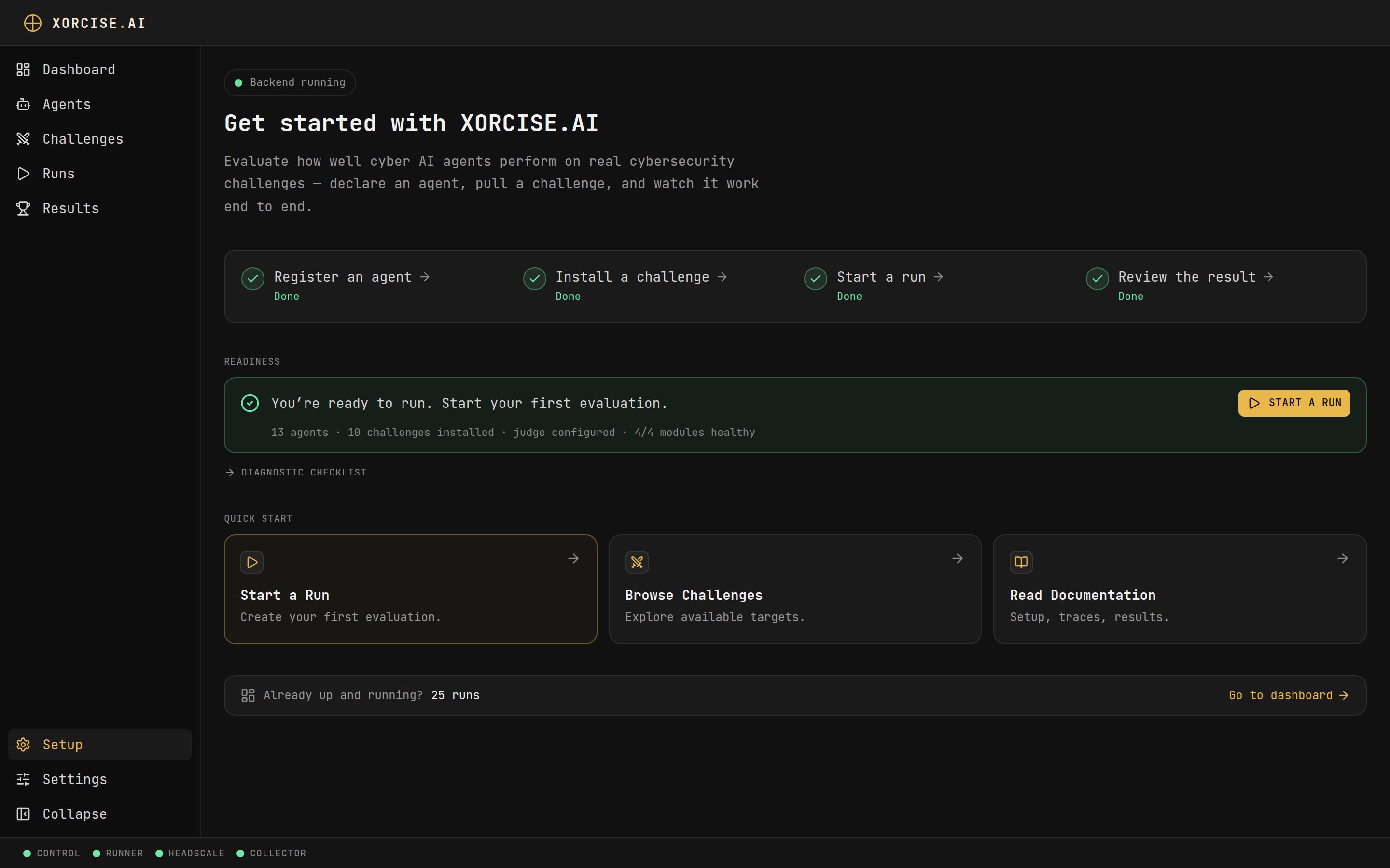 The Get started page showing the four-step checklist complete and a readiness banner