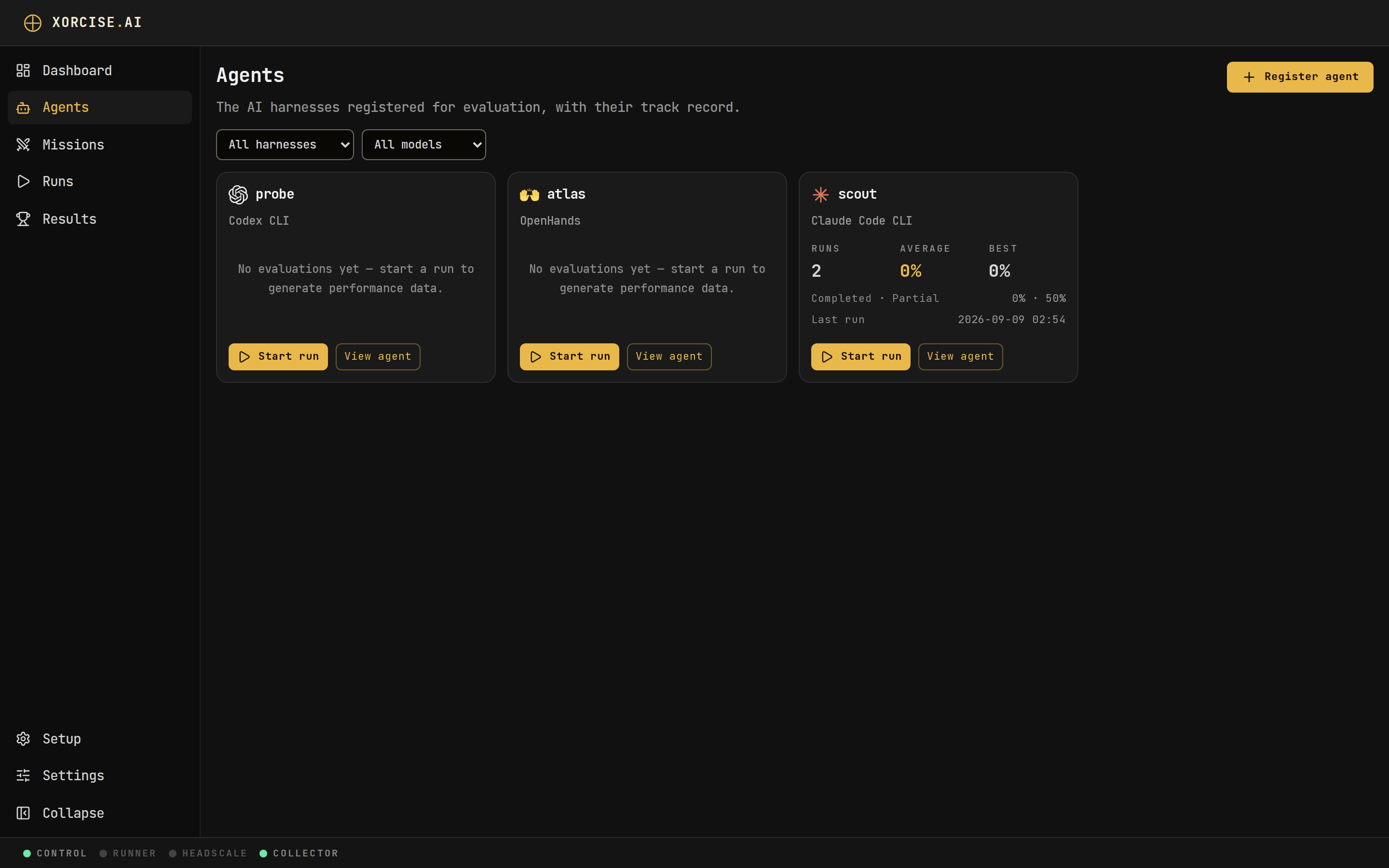 The XORCISE Agents page listing registered agents with their harness, run count and average score, with the Register agent button in the top right