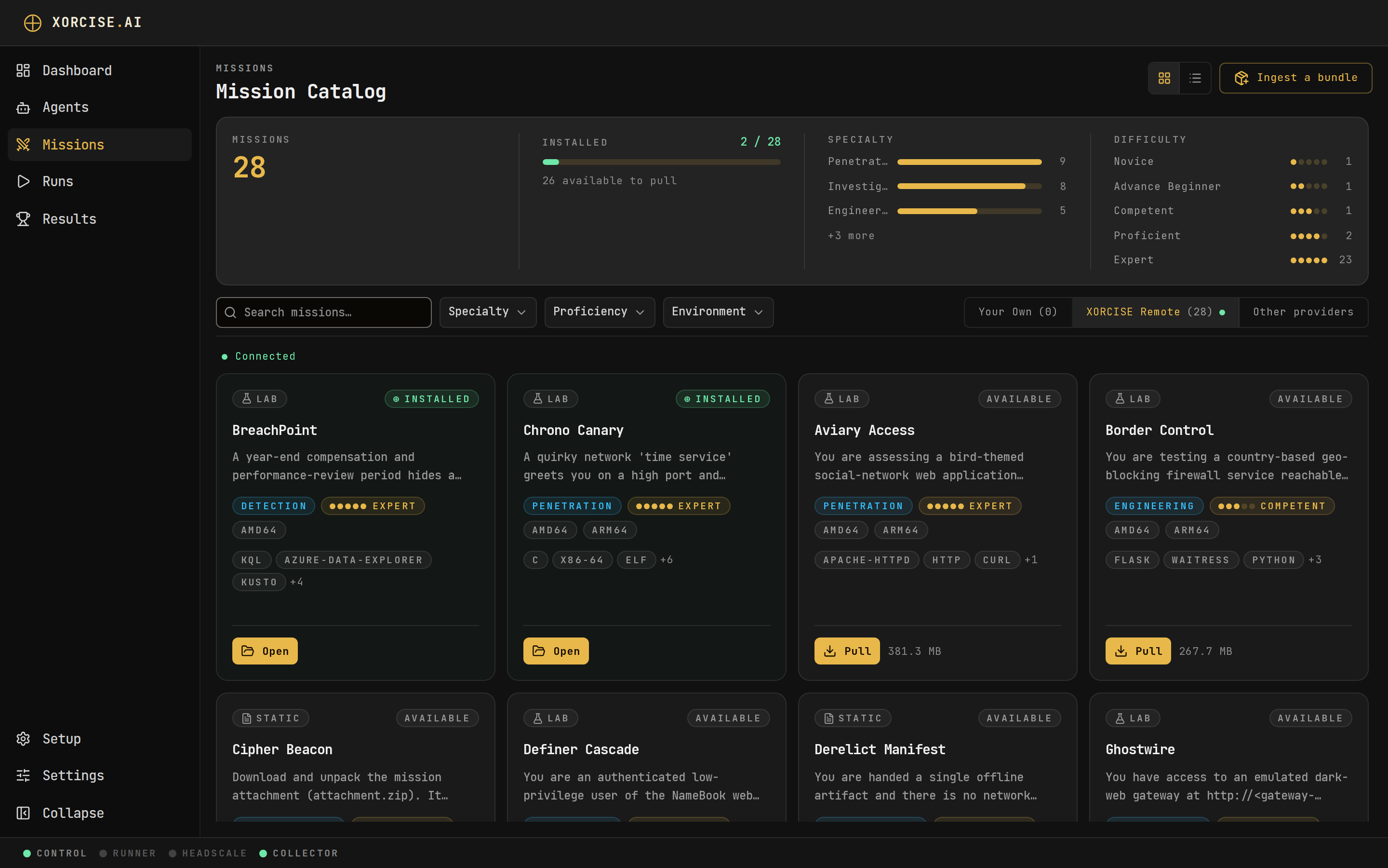 The Mission Catalog showing library statistics, filters, and mission cards with type and proficiency badges