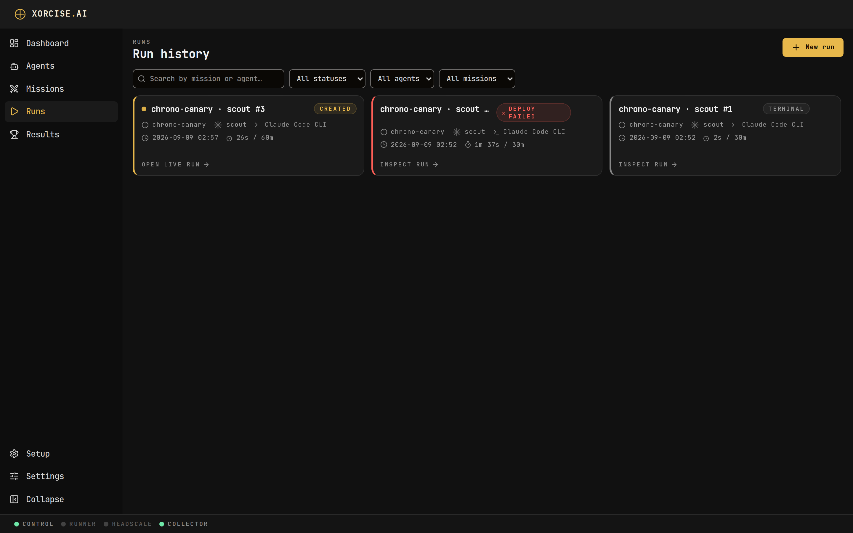 The Run history page listing runs with their state, score and mission