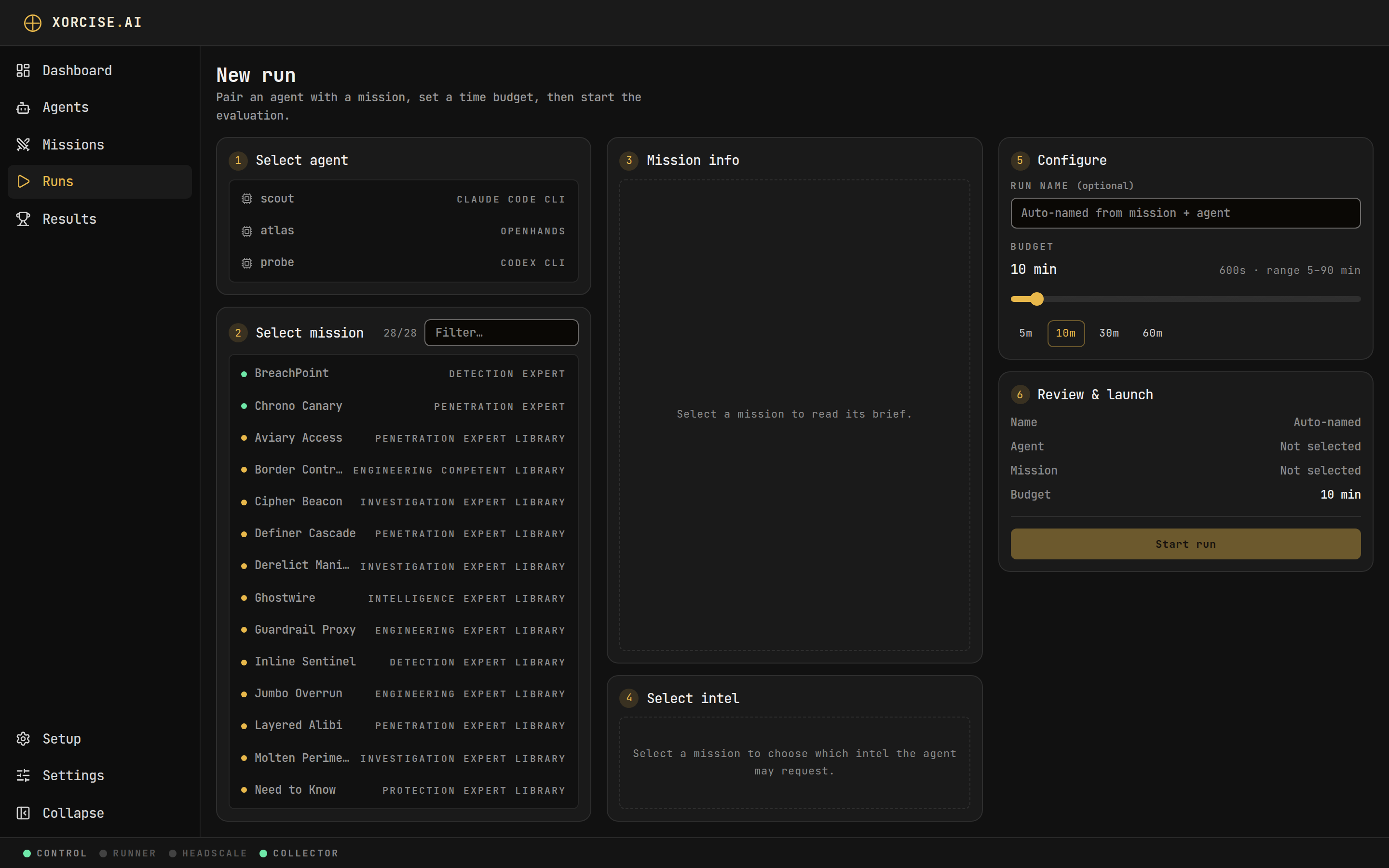 The XORCISE New run form with Select agent and Select mission sections and a budget field