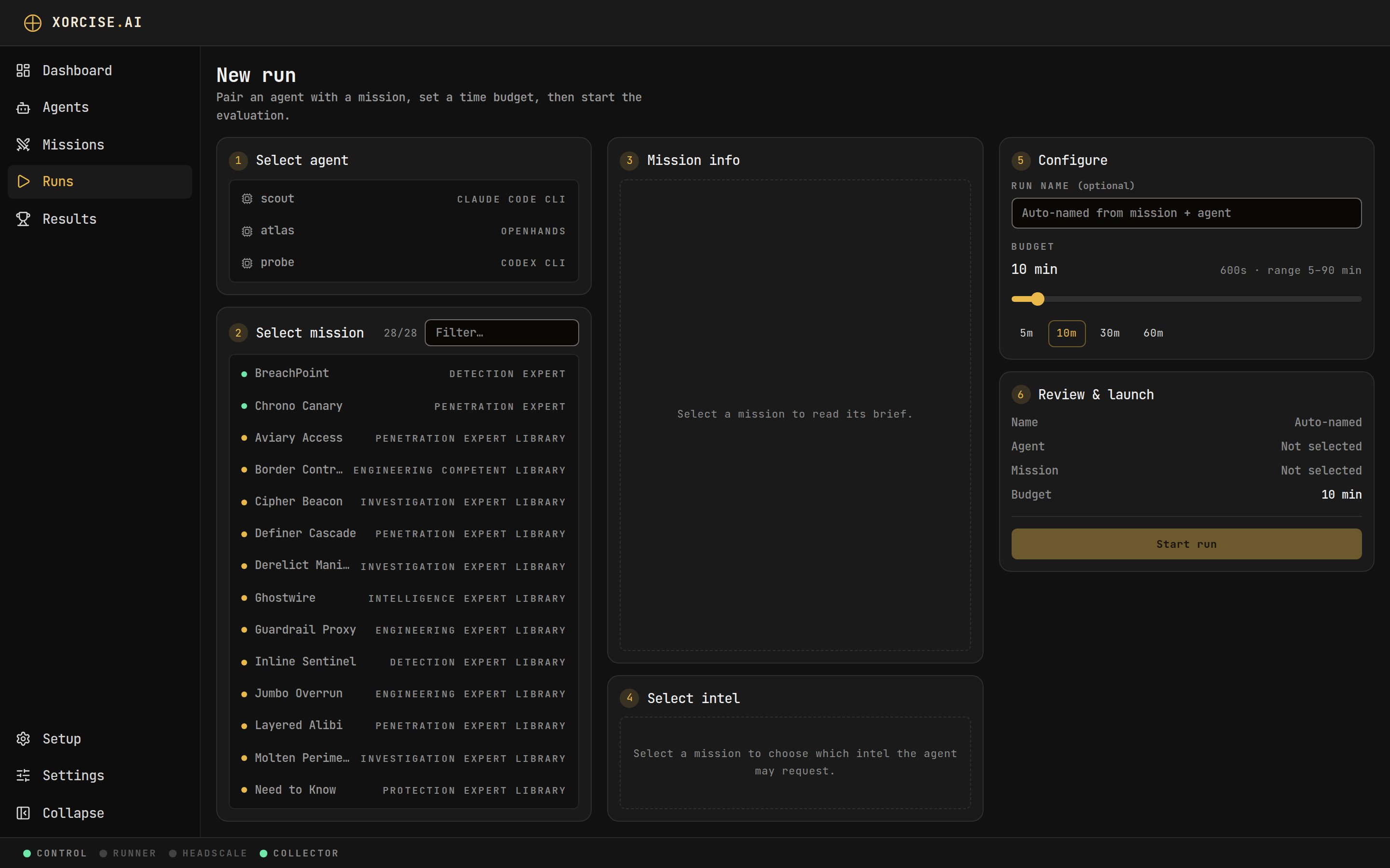 The XORCISE New run form with Select agent and Select mission sections and a budget field