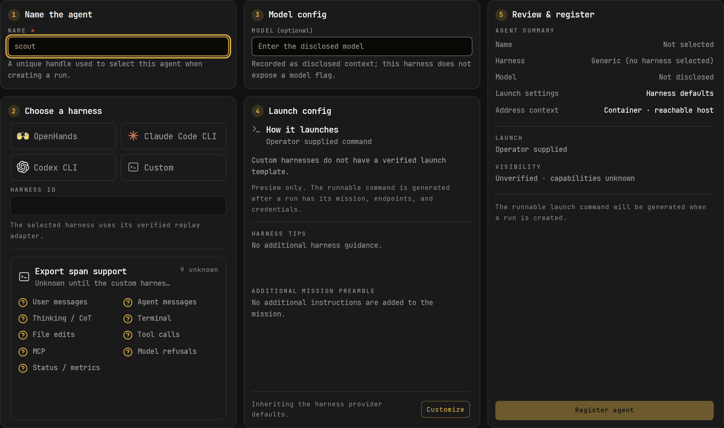 The XORCISE register-agent form showing five numbered steps: name the agent, choose a harness, model config, launch config, and review and register