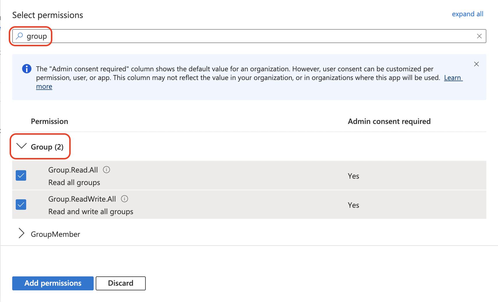 Selecting group permissions