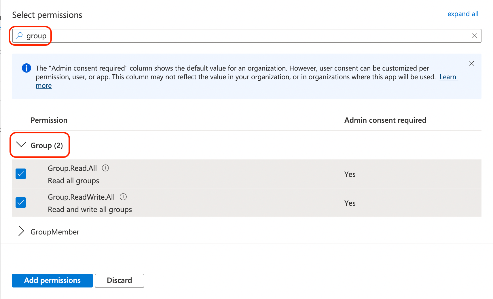 Selecting group permissions