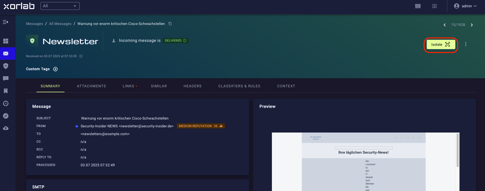 Isolate button on the Message Detail page