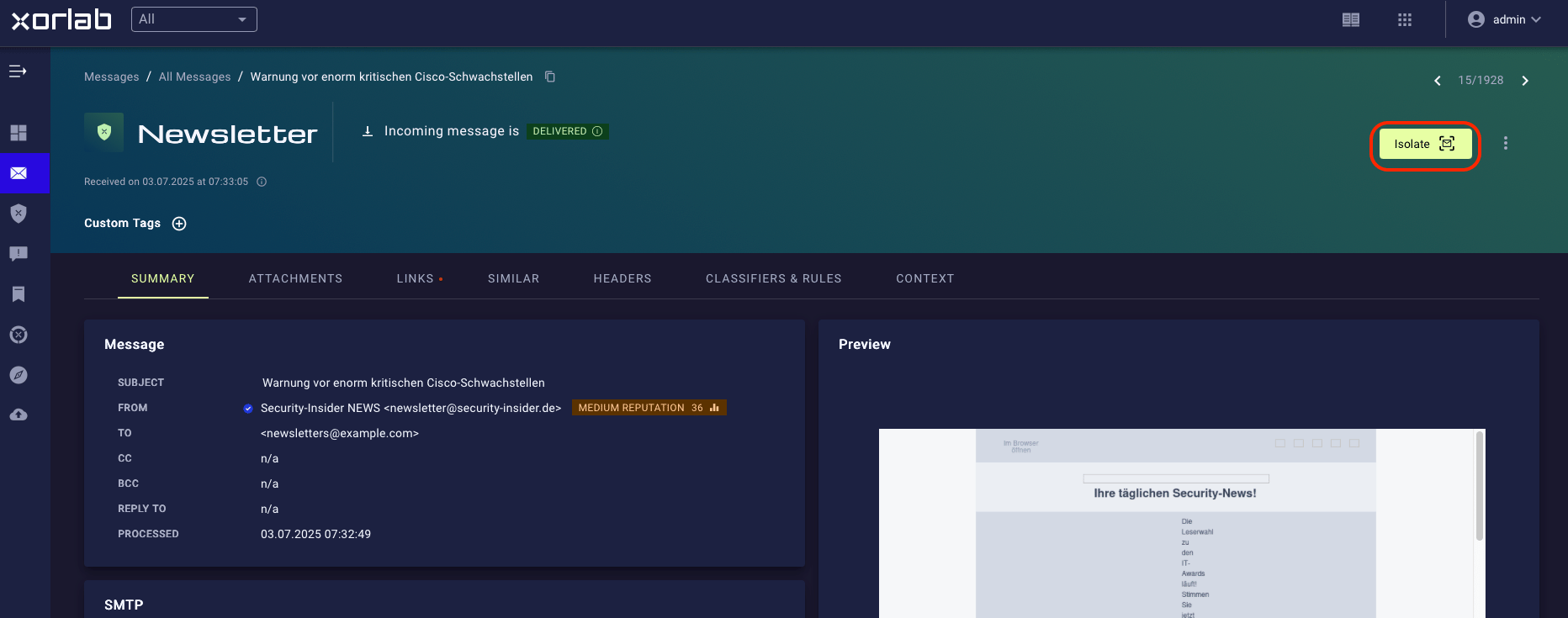 Isolate button on the Message Detail page
