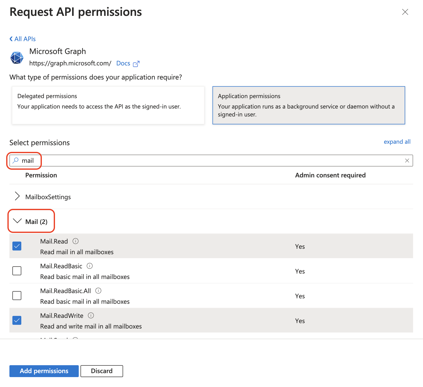 Selecting mail permissions