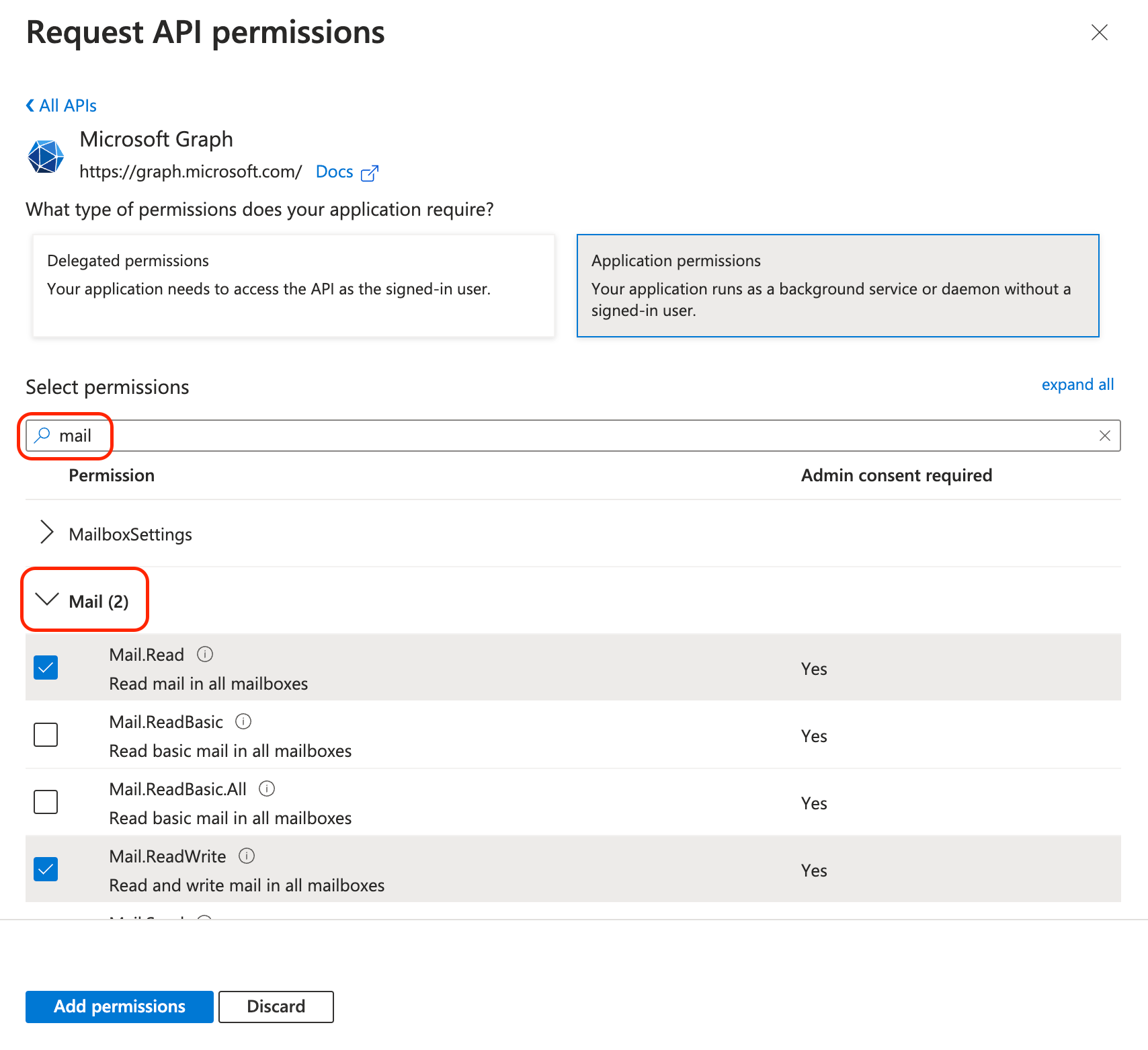 Selecting mail permissions