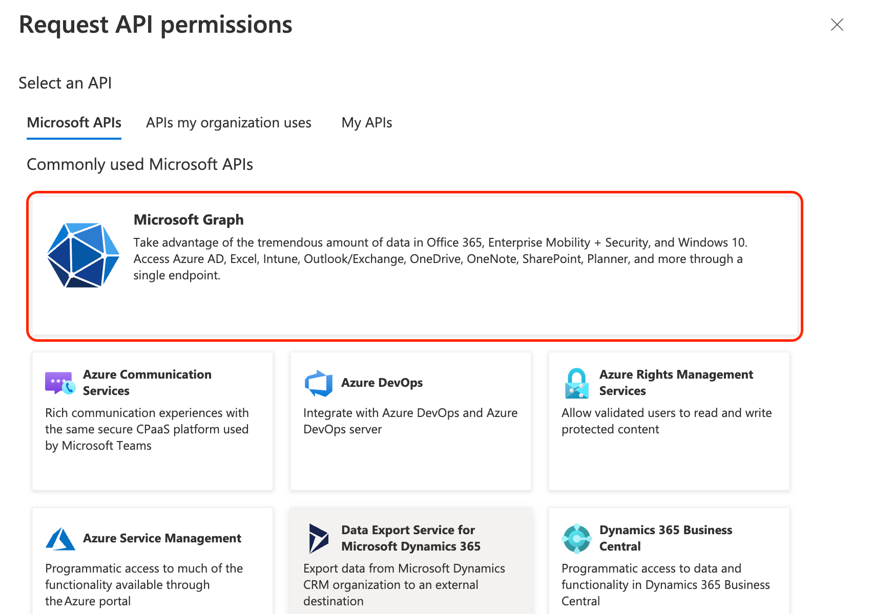 Selecting Microsoft Graph API
