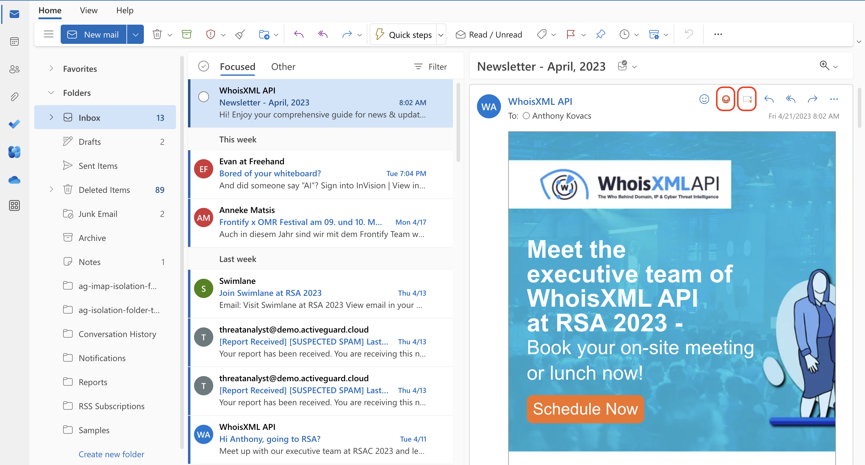 Outlook buttons for reporting a message