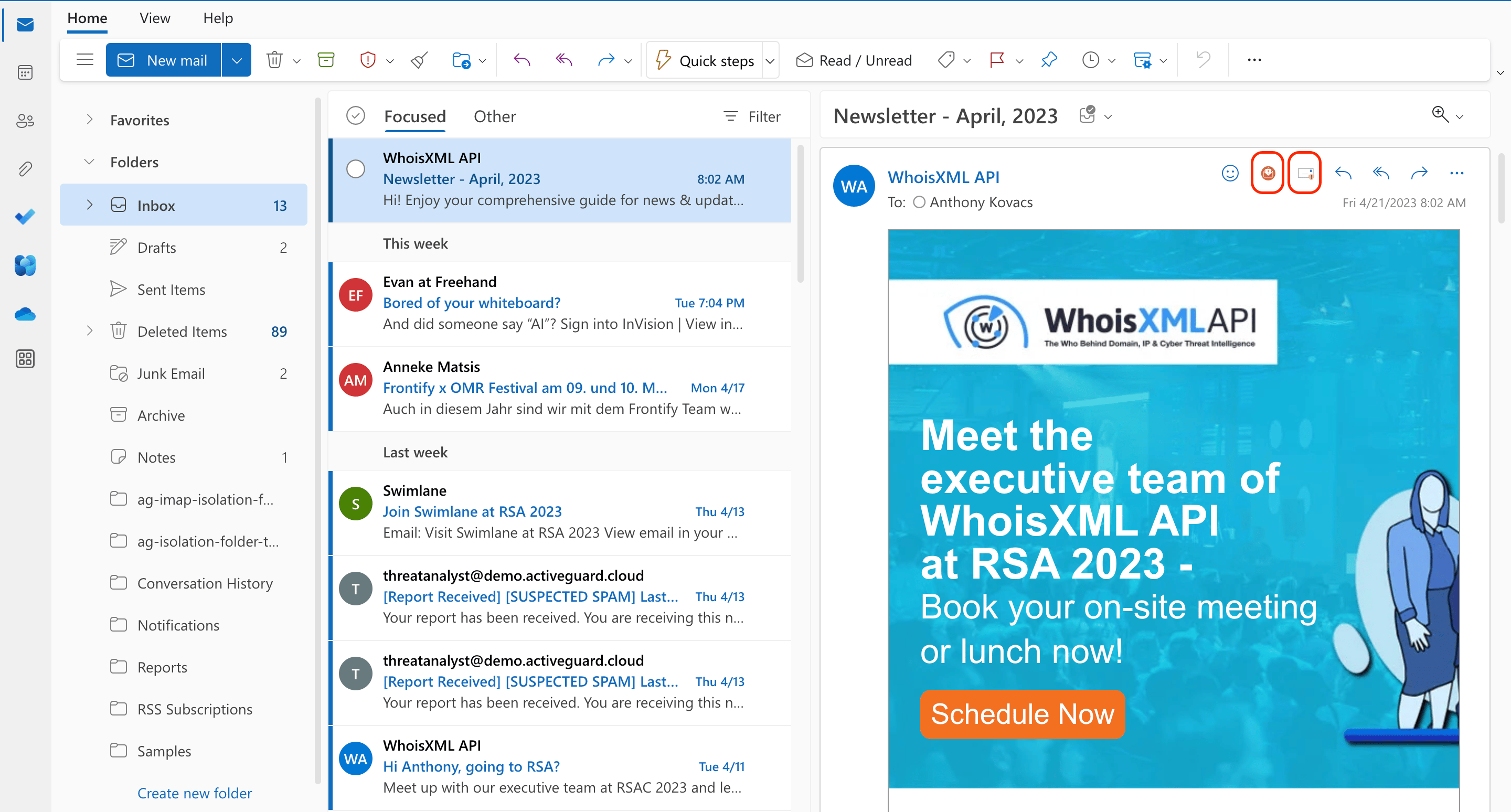 Outlook buttons for reporting a message