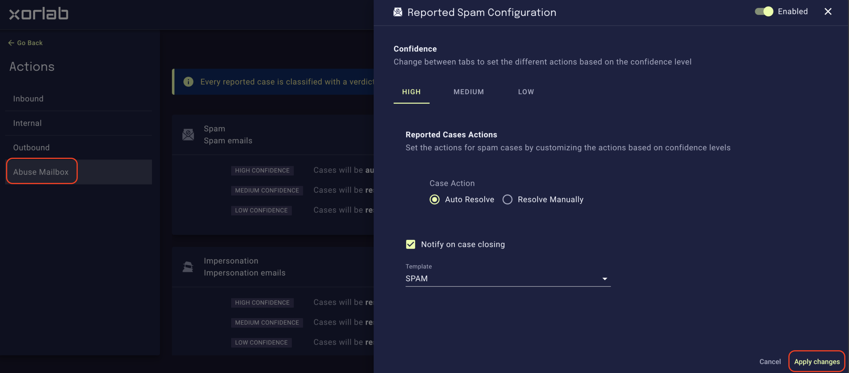 Reported case configuration