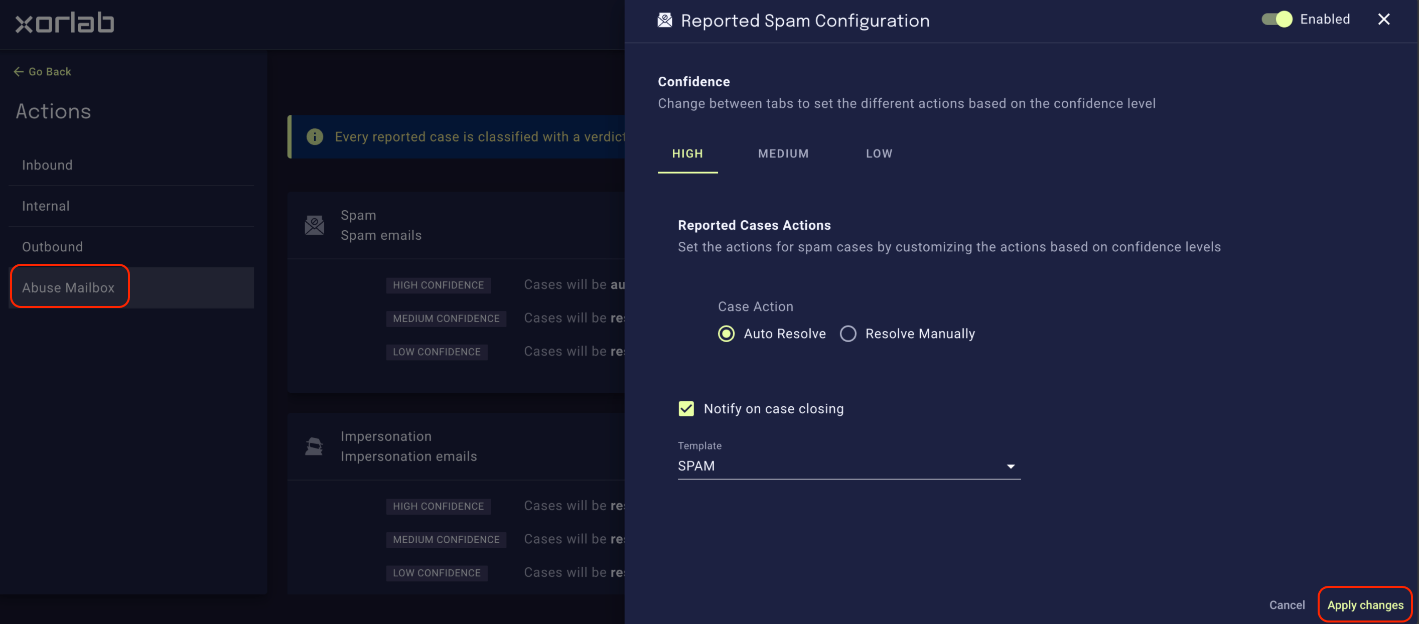 Reported case configuration