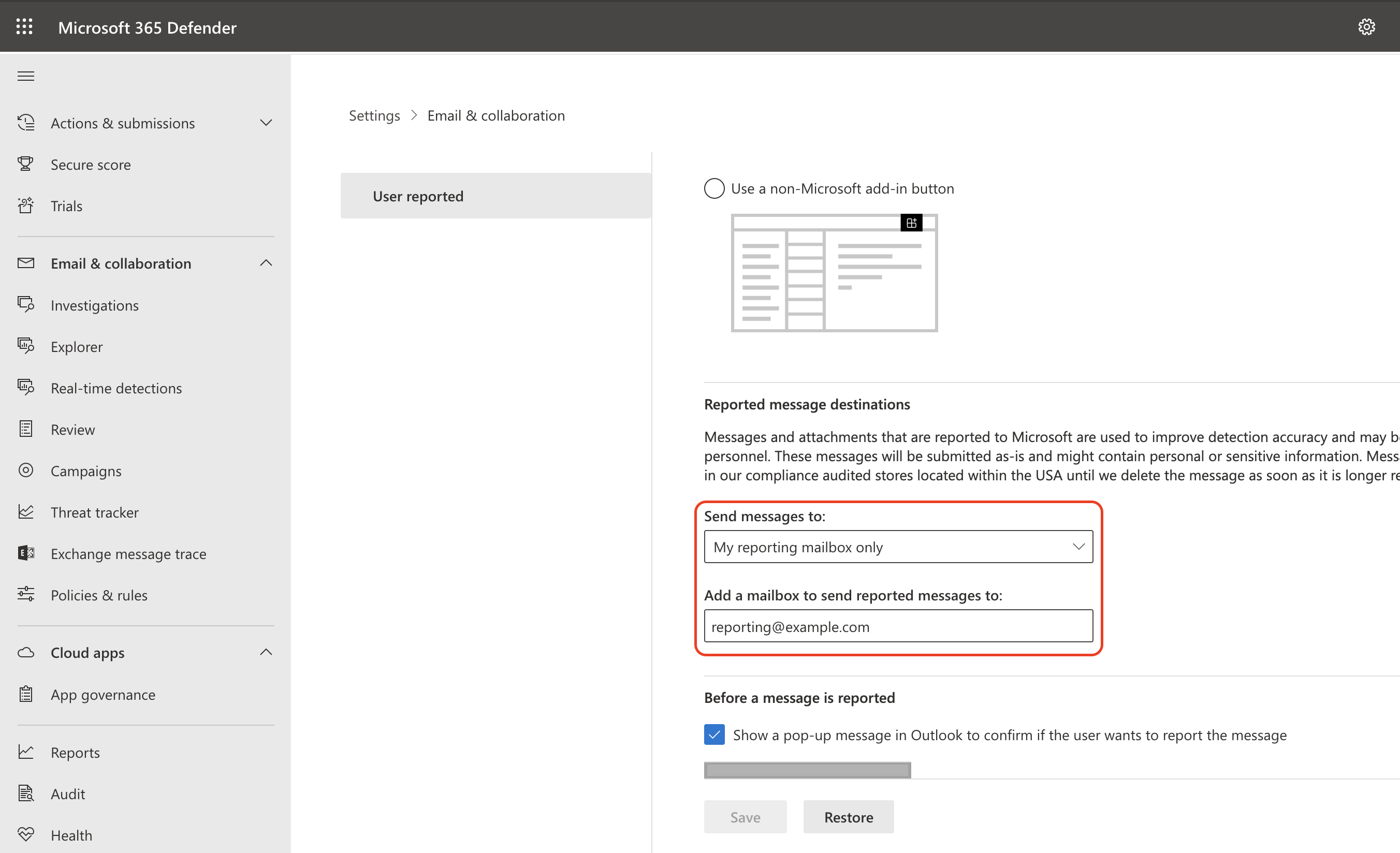 Email address for reported messages