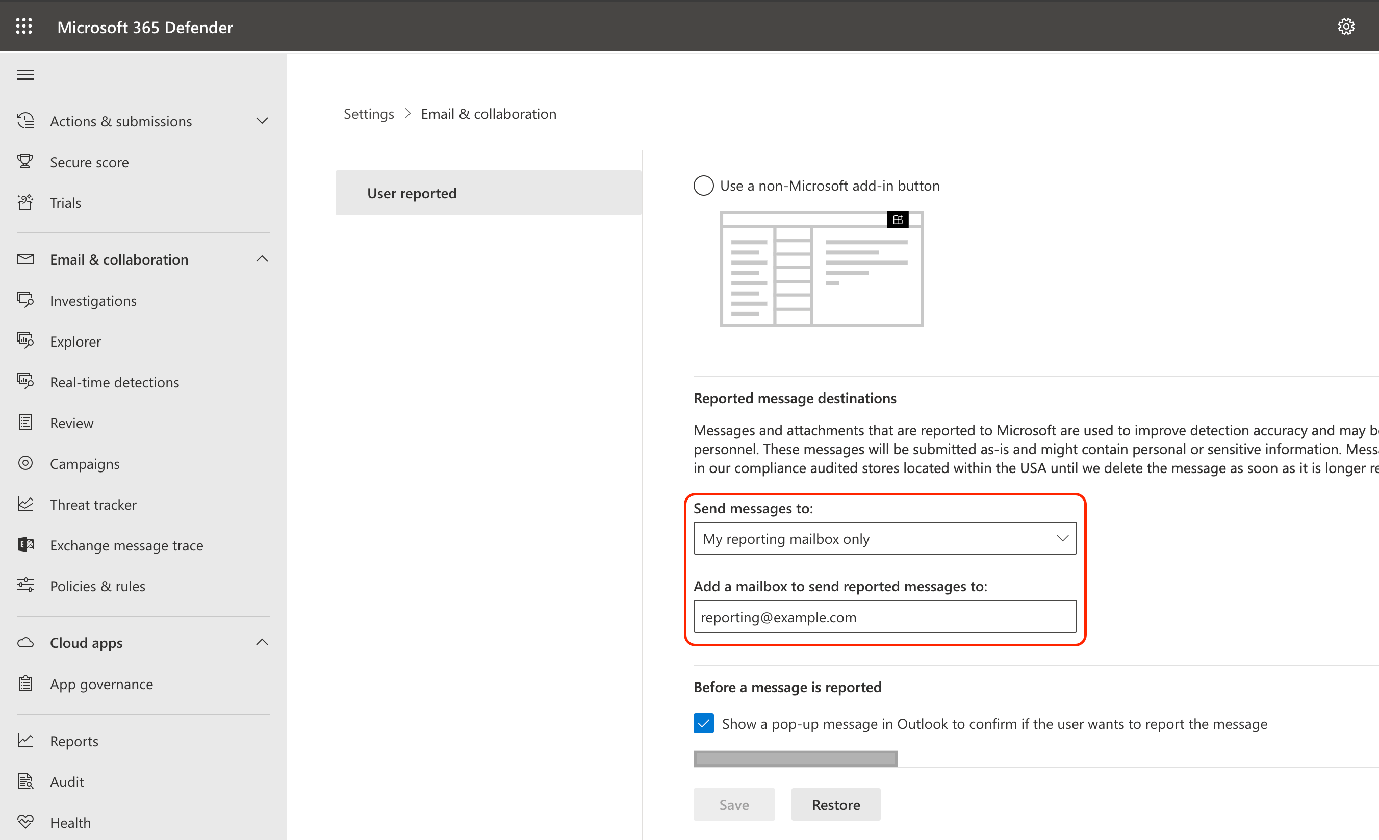 Email address for reported messages