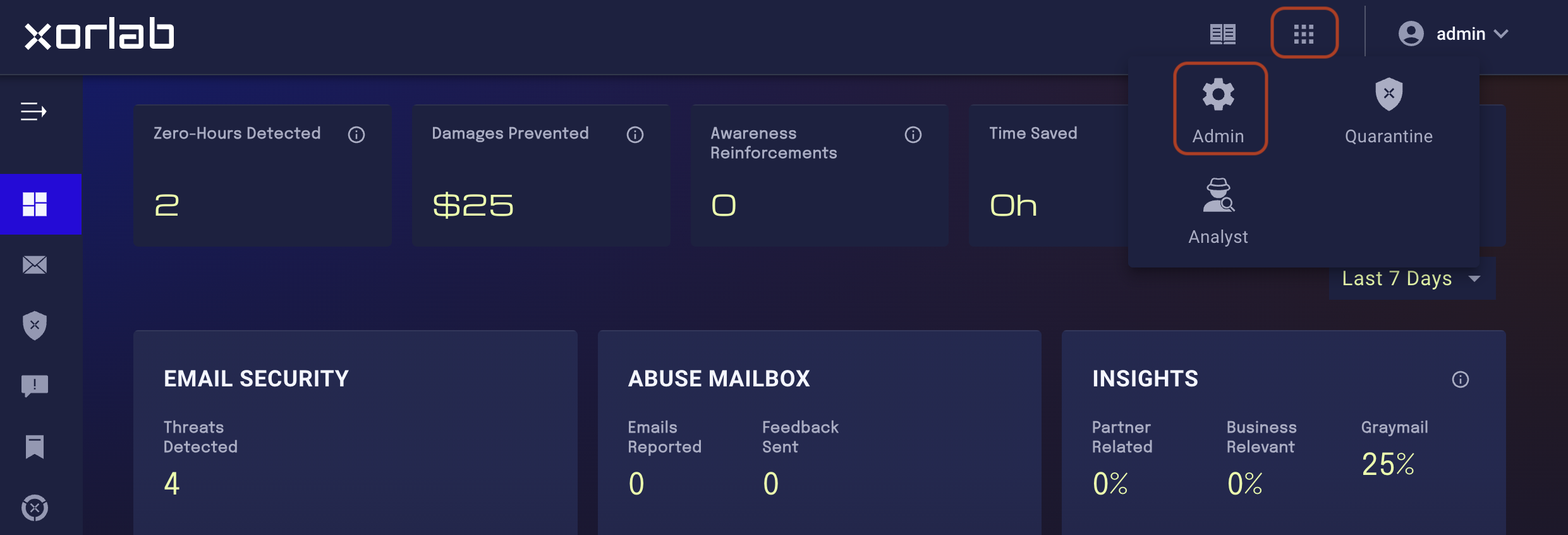 Selecting the Admin panel