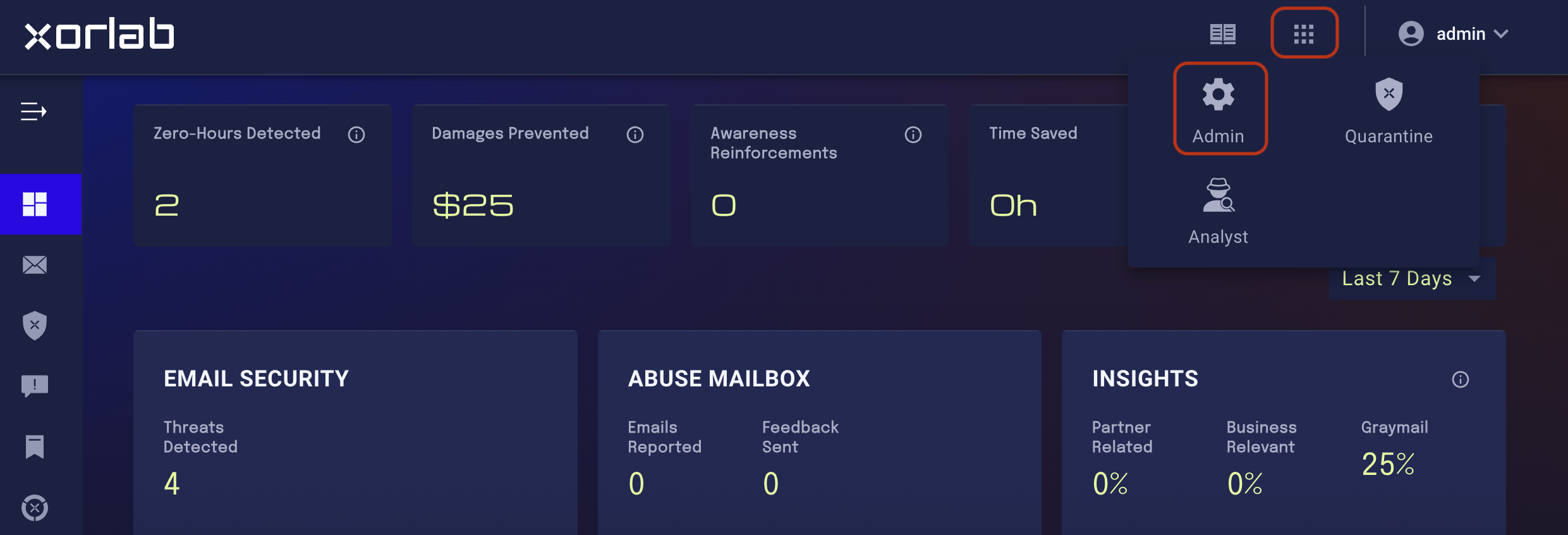 Selecting the Admin panel