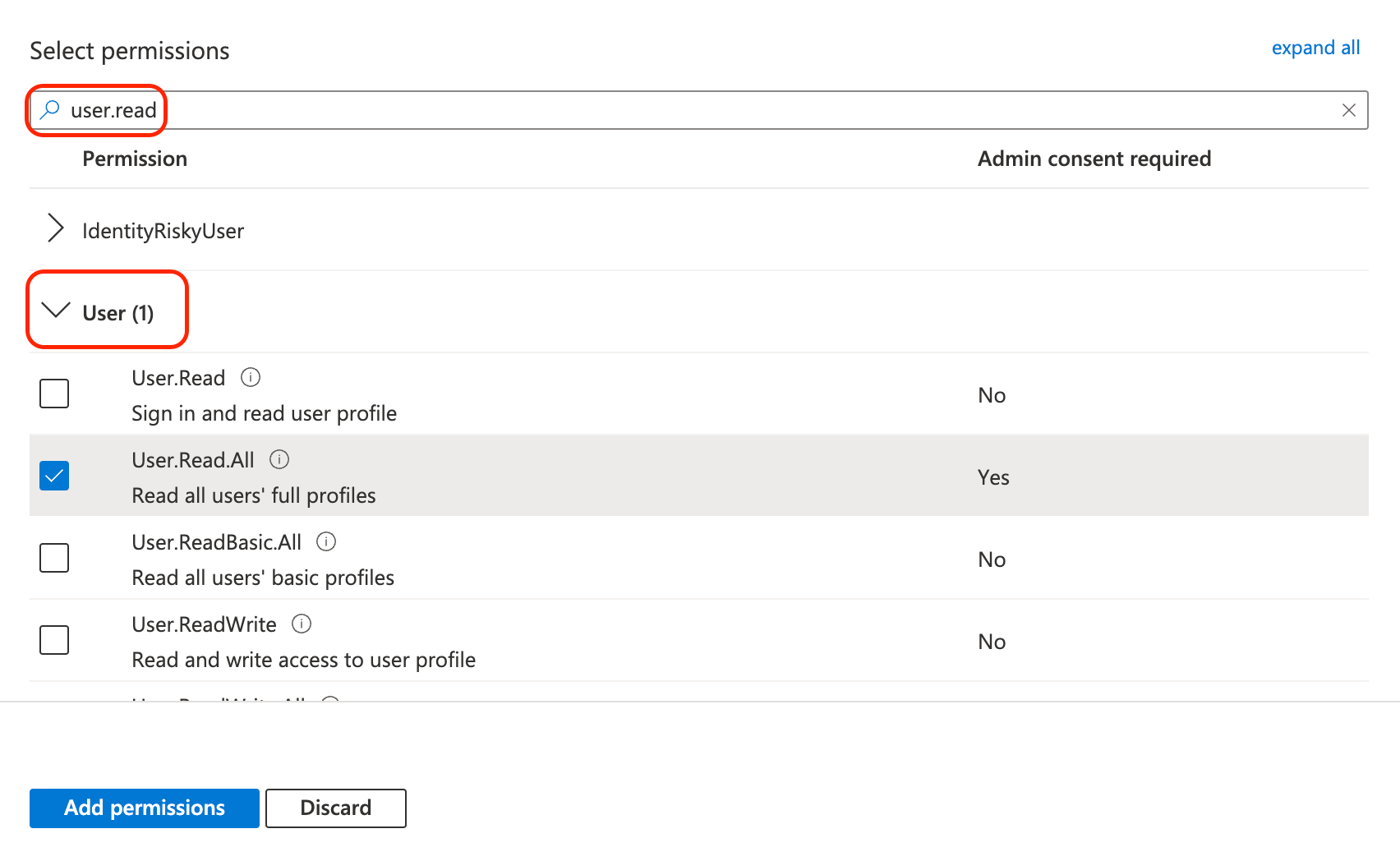 Selecting user permissions