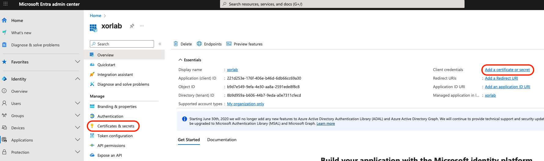Application certificates and secrets