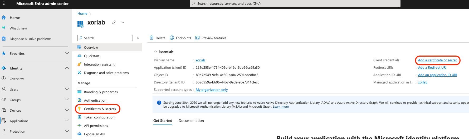 Application certificates and secrets