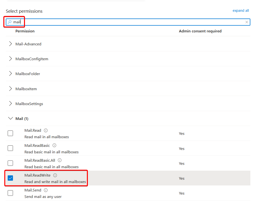 Selecting mail permissions