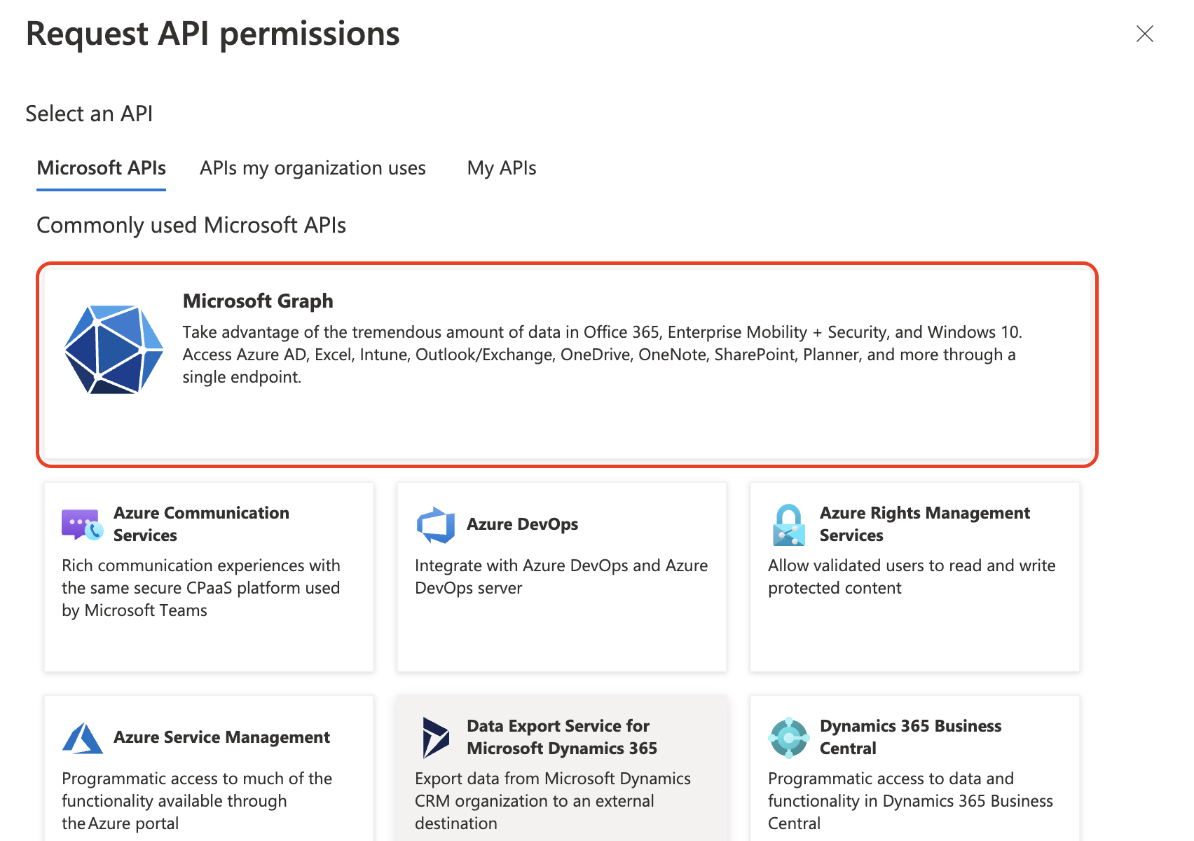 Selecting Microsoft Graph API