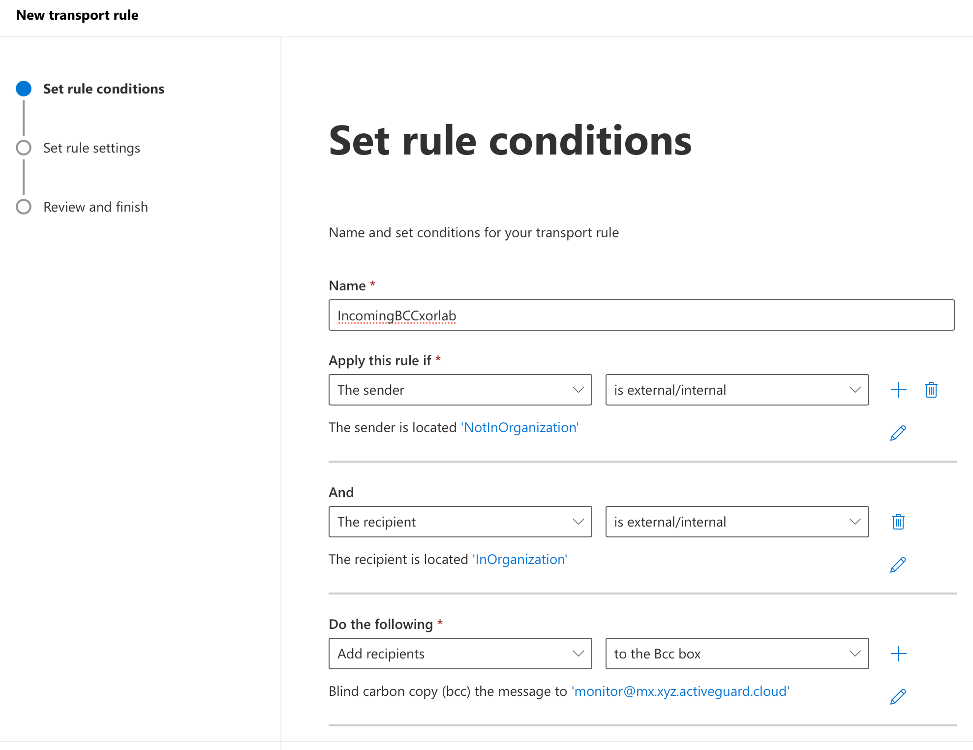 Rule settings for incoming emails