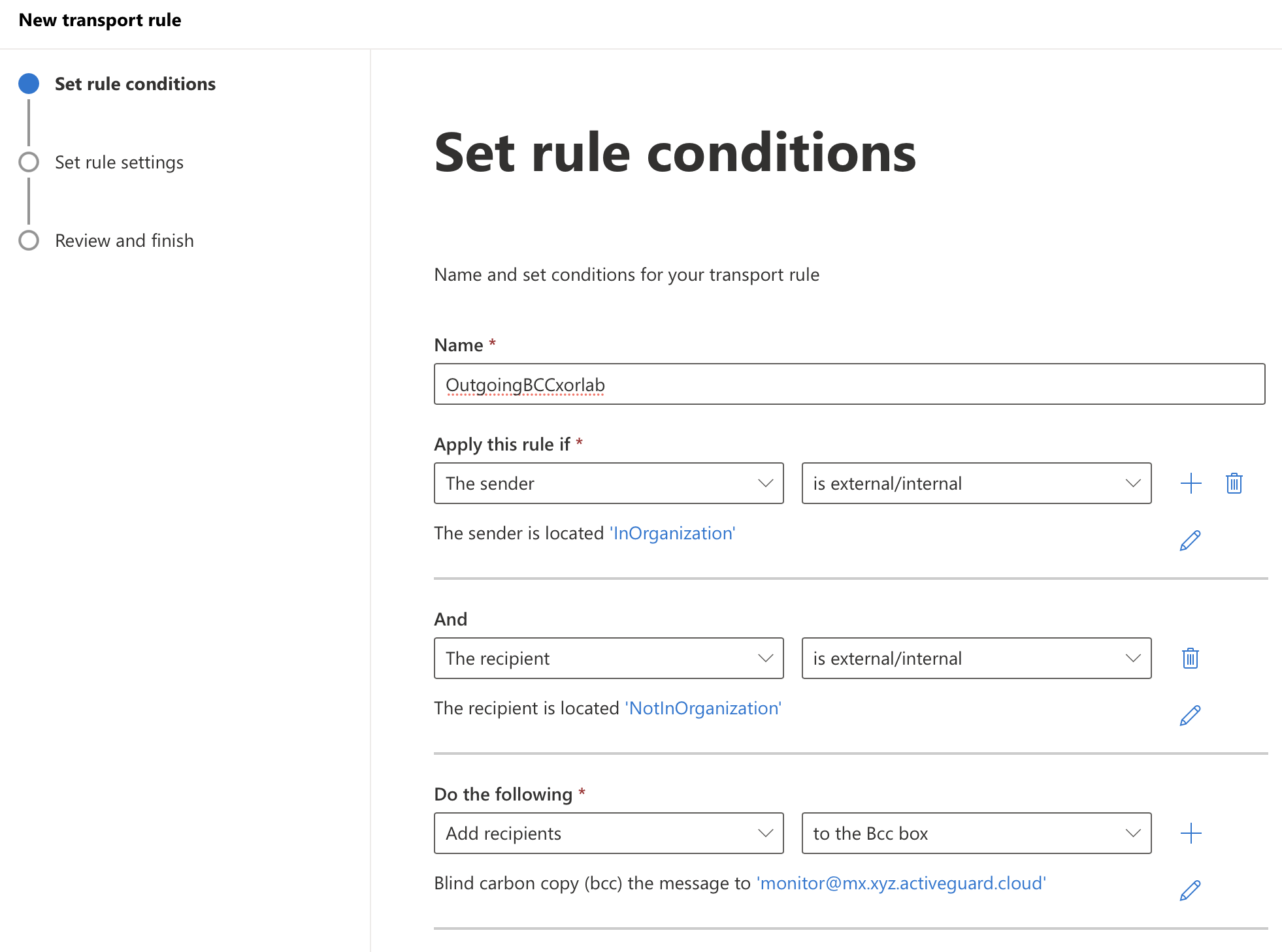 Rule settings for outgoing emails