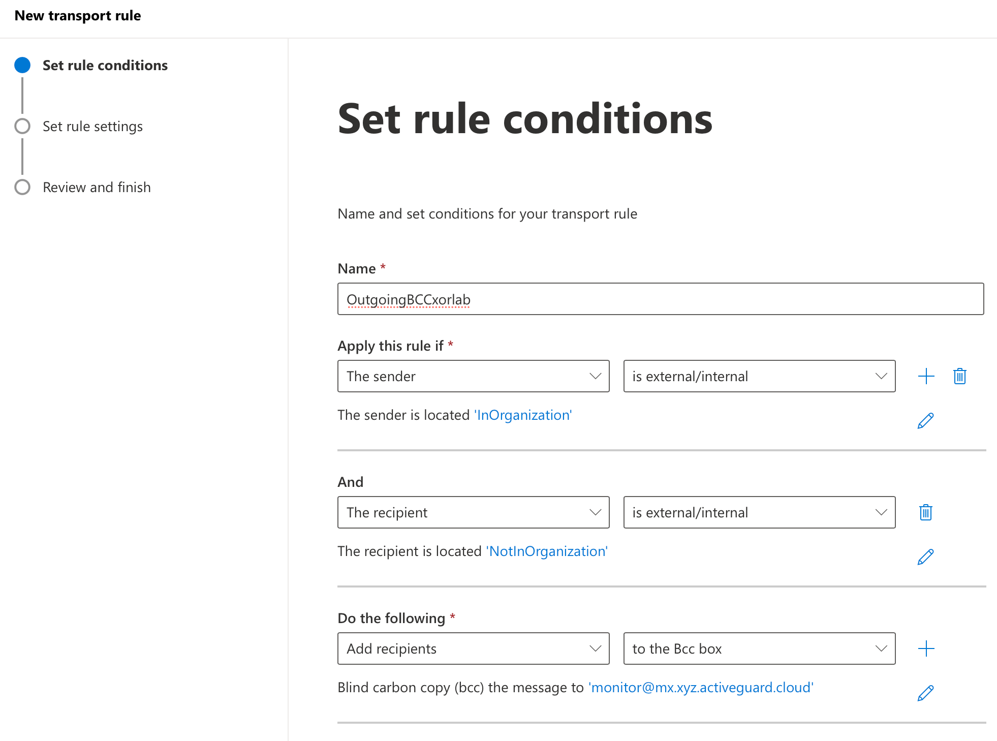Rule settings for outgoing emails