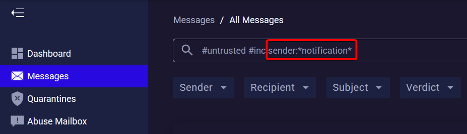 Sender search tags text