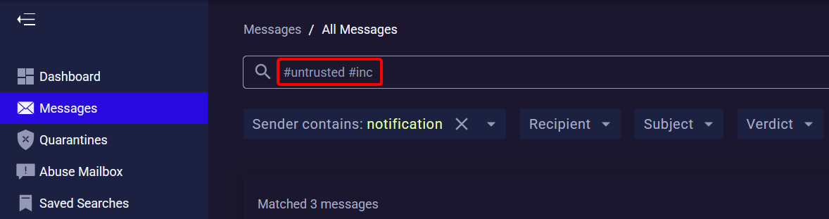 Sender search tags