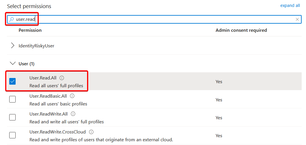 Selecting user permissions